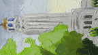 Closeup brushstroke of an oil painting of the state capitol building of Lincoln, NE 