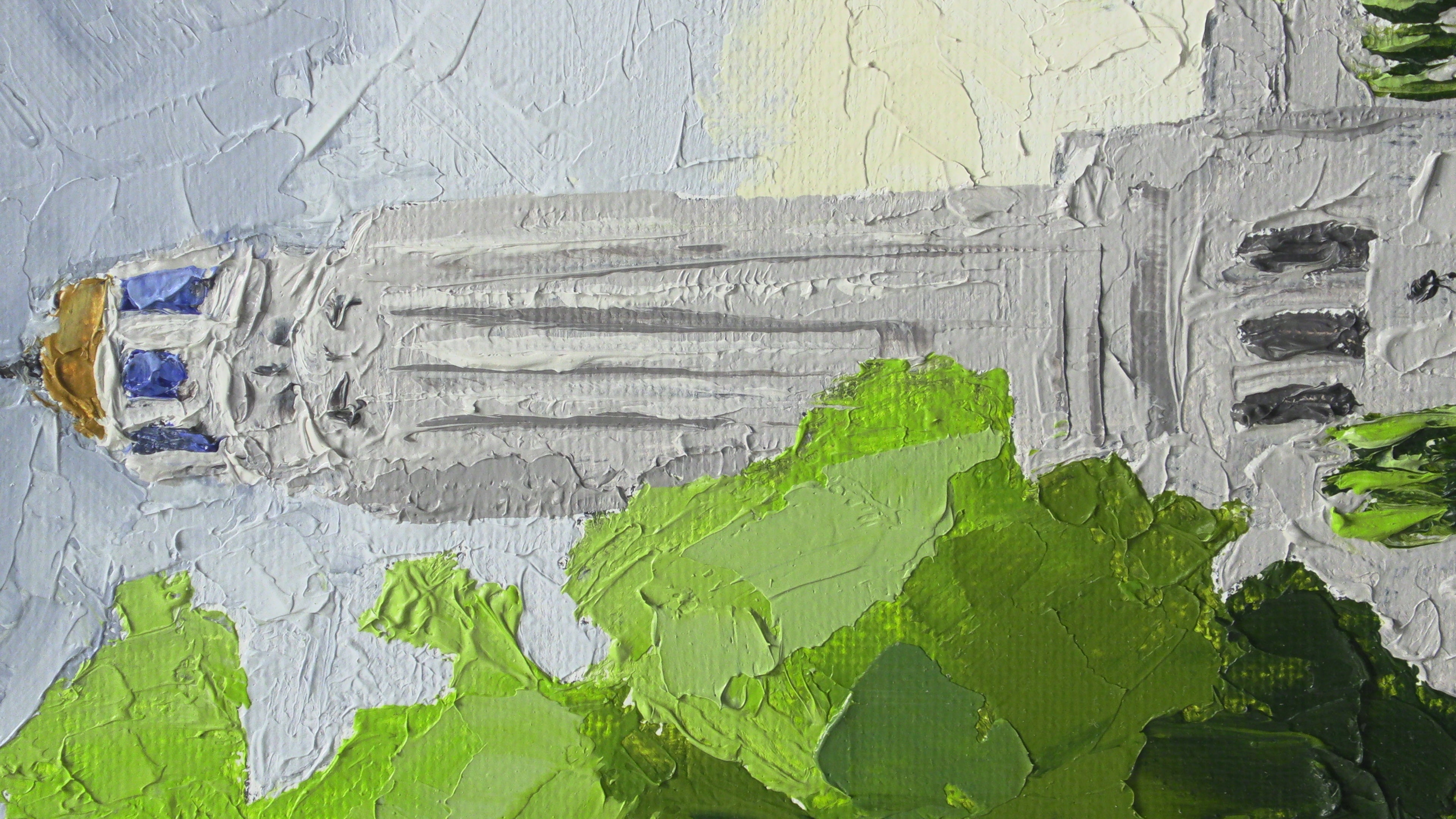 Closeup brushstroke of an oil painting of the state capitol building of Lincoln, NE 