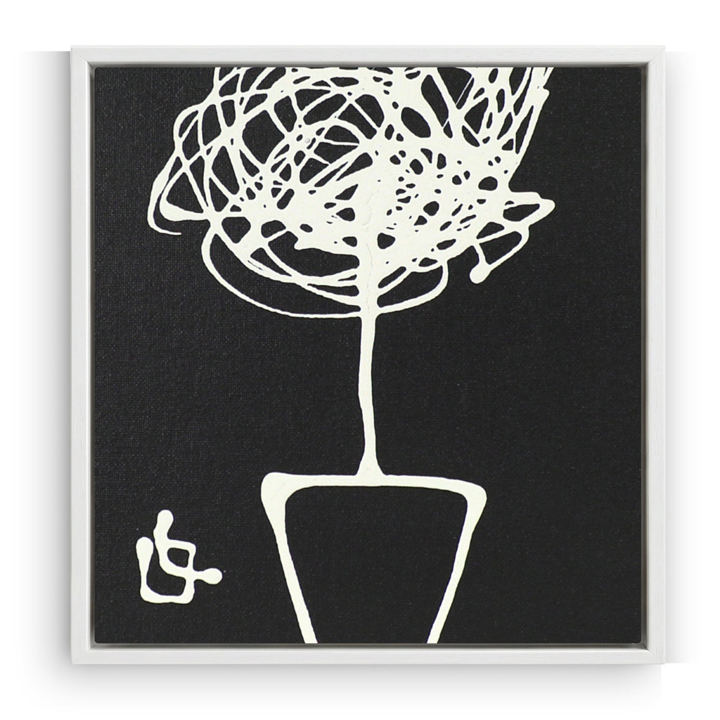 Black and white abstract artwork of a tree on a black background