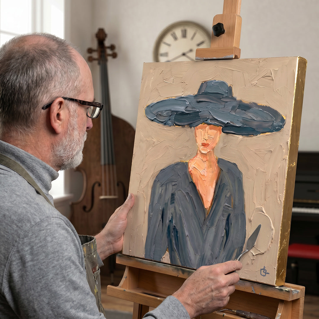 Fine artist Lars Owens applying impasto style paint with a pallet knife to hand embellish a canvas print.