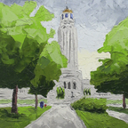 Letter From Home - Lincoln, NE Original Oil Painting 8"x8". Painting of the Nebraska State Capitol and a USPS mailbox at the end of a raod that leads to the capitol.